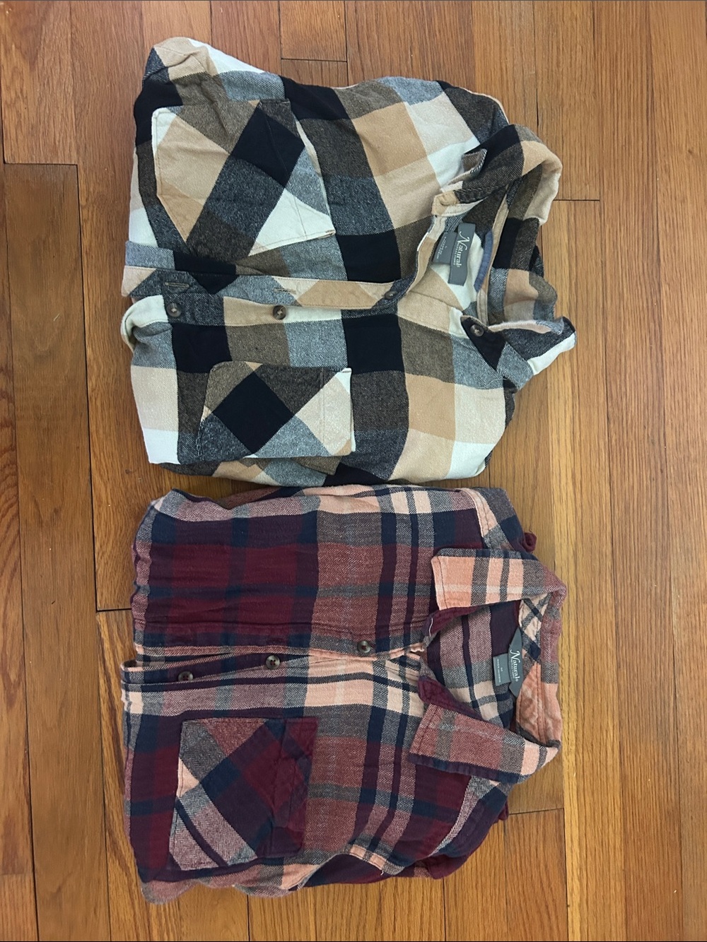 Set of 2- Plaid Button-Up Shirt - Beige & Burgundy (medium fits like a large)